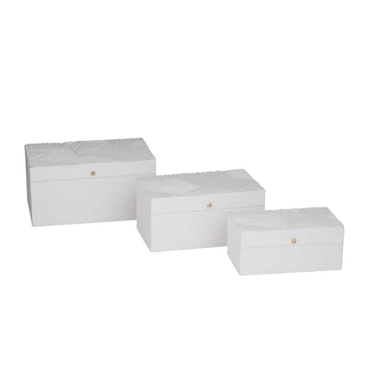White Wood Intricate Carved Box with Hinged Lid Set